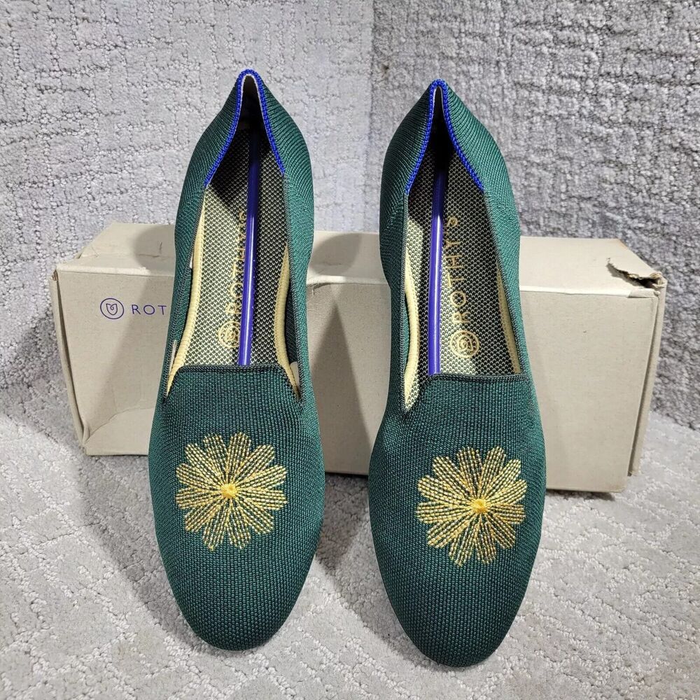 Rothy’s The Loafer Women's Size 6.5 Evergreen Embroidered Rounded Toe Flat Shoes